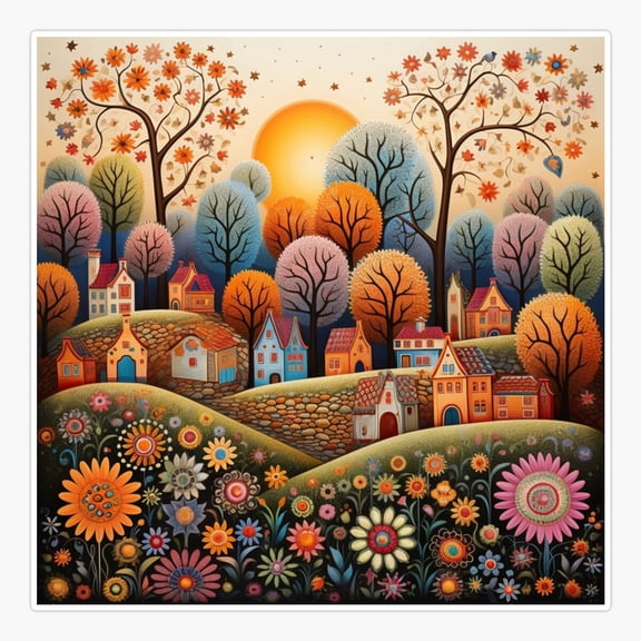 Sunset Folk Art Style Floral Vinyl Decal Sticker