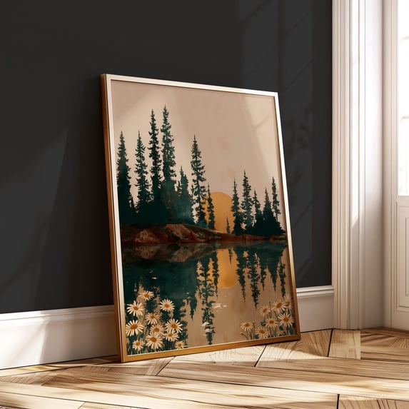 Sunset Forest Daisy Boho Reflection Landscape Pine Tree Nature Art, Unframed Canvas 8x10in