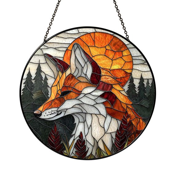 Sunset Forest Fox Stained Glass Style Panel, Decorative Window Art