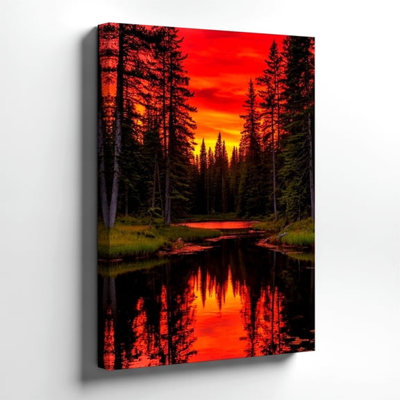 Sunset Forest Lake Wall Art Print, Red Orange Reflection Landscape Decor