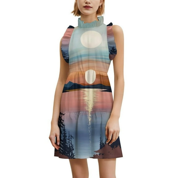 Sunset Forest Lake Women's Fashion Casual Dress Summer Stand Up Collar Ruffles Sleeve Dress Elegant Dresses