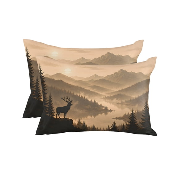 Sunset Forest Landscape Throw Pillows 12x20 Set of 2, Vintage Farmhouse Deer Mountains Waterproof Outdoor Pillow Covers with Insert, Decorative Pillowcase Cushion for Couch, Sofa, Bed, Patio, Garden