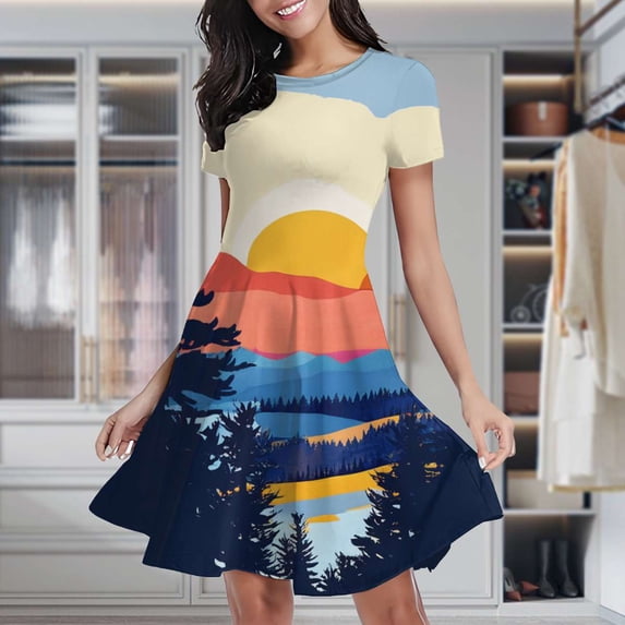 Sunset Forest Landscape Women's Classic Swing Skater Dress Casual Work Party Cocktail Dresses