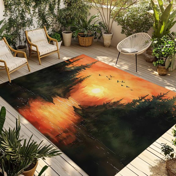 Sunset Forest Outdoor Rug 4x6 Ft - Reversible Patio Rug Outdoor Camping Rugs, Country Orange Sky Trees Nature Scenery Washable Indoor Outdoor Area Rugs, Non-Slip Outdoor Carpet Runner for Deck/Porch