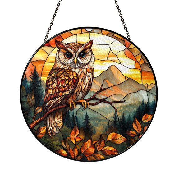 Sunset Forest Owl Stained Glass Window Art, Bold Wildlife Nature Accent for Home Display