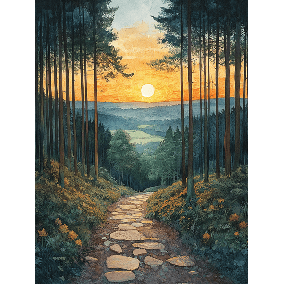 Sunset Forest Path Stone Road Canvas Print/Wall Art Perfect for Living Room Hallway and Dining Room Decoration.