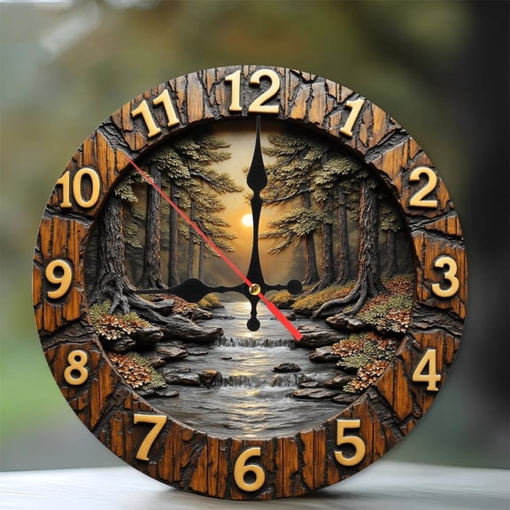 Sunset Forest River Wall Clock Wooden 10-Inch Silent Wooden Wall Clock, Battery Operated (AA Batteries Not Included), Artistic Home Decor