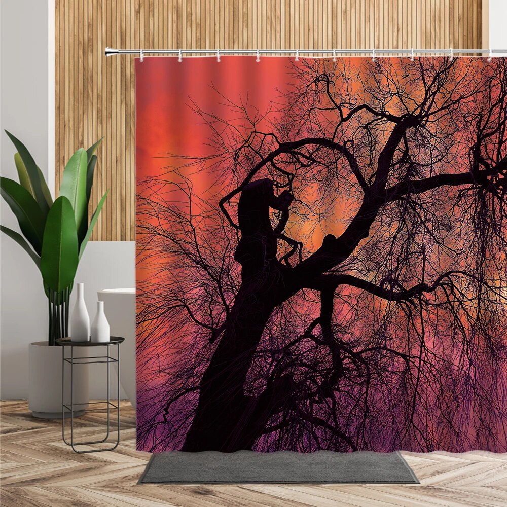 Sunset Forest Scenery Shower Curtain Coconut Tree Woods Bathroom Decors