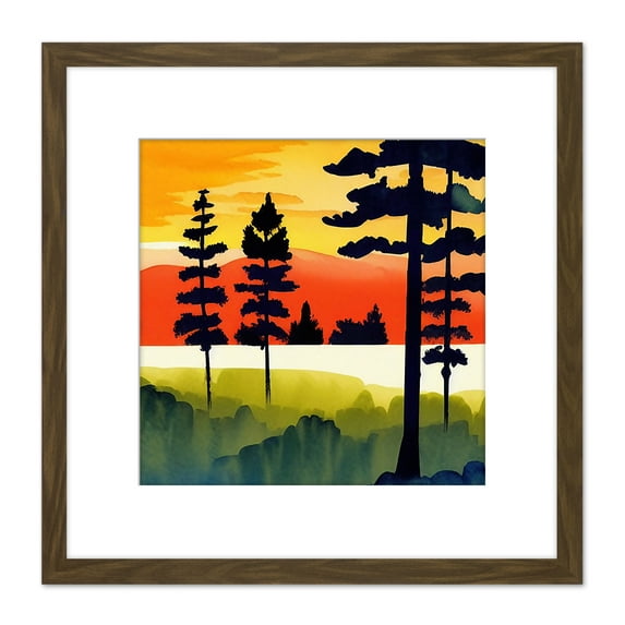 Sunset Forest Tree Silhouette Yellow Orange Landscape Watercolour Painting Square Wooden Framed Wall Art Print Picture 8X8 Inch