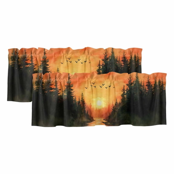 Sunset Forest Valances for Windows, Decorative Rod Pocket Window Valance Curtains, Country Orange Sky Trees Nature Scenery Short Curtain Drapes for Kitchen/Living Room, 2 Panels, 60" W x 18" L