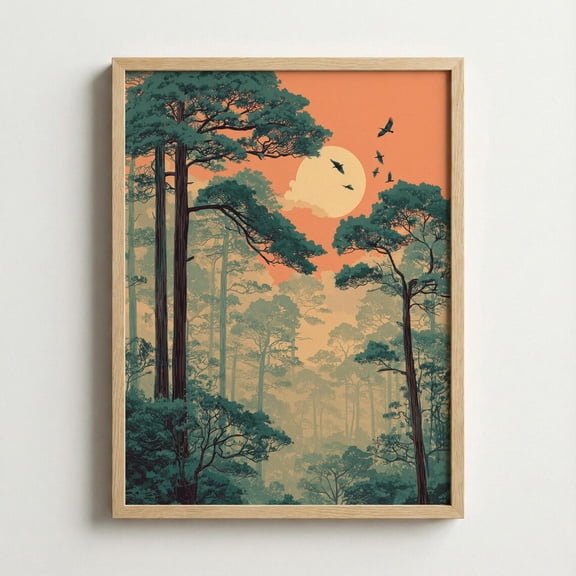 Sunset Forest Wall Art Pine Tree Landscape Home Decor