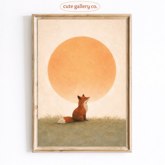 Sunset Fox Print, Sitting Woodland Animal Wall Art, Minimal Nature Landscape Archival Paper, Poster Only