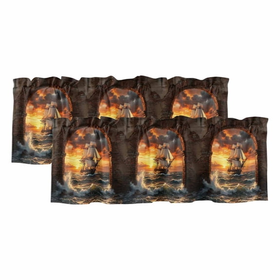 Sunset Galleon 2 Panels Kitchen Valance, Art Terracotta Stone Arch Romantic Amber Gold Sunset Curtains Valances for Small Windows Rod Pocket Window Treatments for Living Room Bedroom 54"W x 18"L