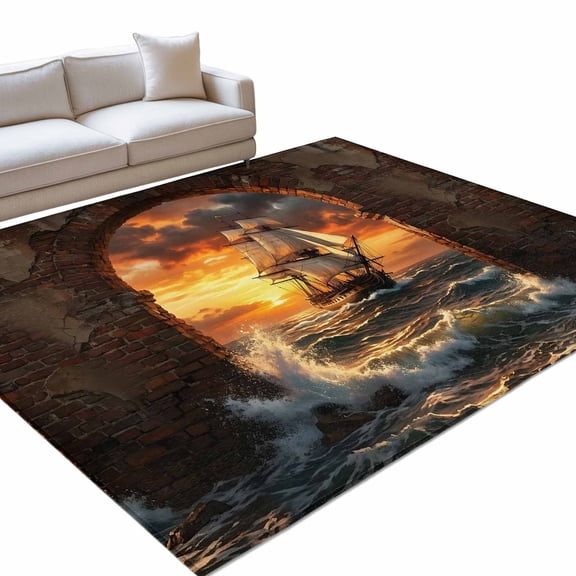 Sunset Galleon 6x9ft Non Slip Area Rug Art Terracotta Stone Arch Romantic Amber Gold Sunset Washable Soft Area Rugs for Living Room, Indoor Circle Carpet for Bedroom Dining Room Kitchen