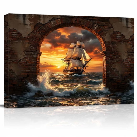 Sunset Galleon Canvas Print Wall Art Art Terracotta Stone Arch Romantic Amber Gold Sunset Pictures Painting Morden Artwork for Living Room Bedroom, Ready to Hang - 12"x16"