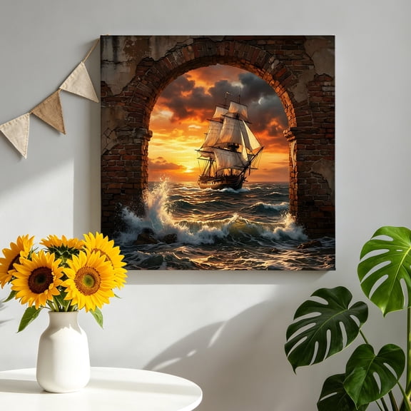 Sunset Galleon Canvas Wall Art, Art Terracotta Stone Arch Romantic Amber Gold Sunset Framed Canvas Wall Decor Picture Print Artwork Decorations for Living Room Office Ready to Hang 8" x 8"
