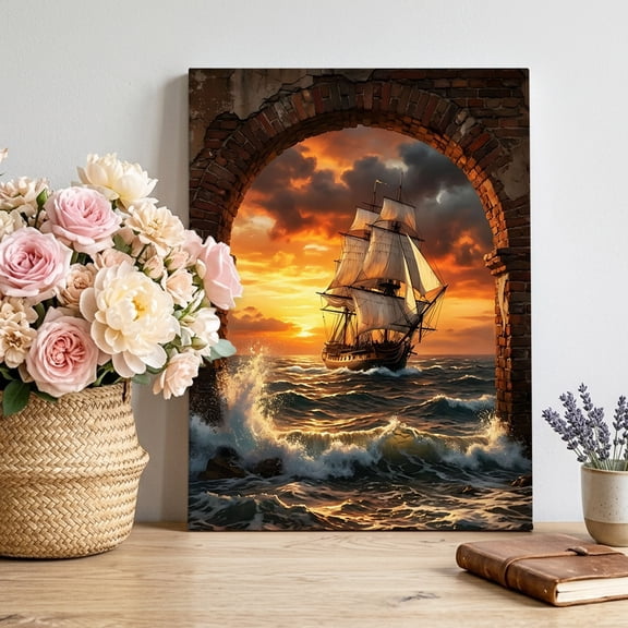 Sunset Galleon Canvas Wall Art, Art Terracotta Stone Arch Romantic Amber Gold Sunset Pictures Wall Decor Wooden Framed Artwork Art Prints for Living Room Hallway Bedroom Office 18"x24"