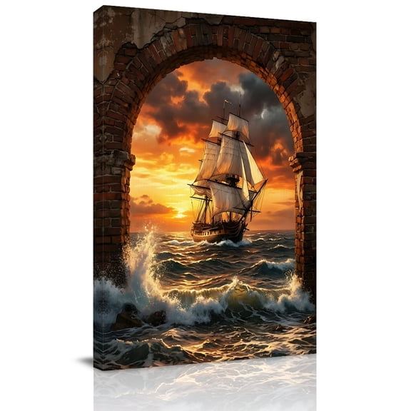 Sunset Galleon Canvas Wall Art for Living Room, Art Terracotta Stone Arch Romantic Amber Gold Sunset Wall Decor Framed Artwork Pictures Ready to Hang for Bedroom Office Home Decor