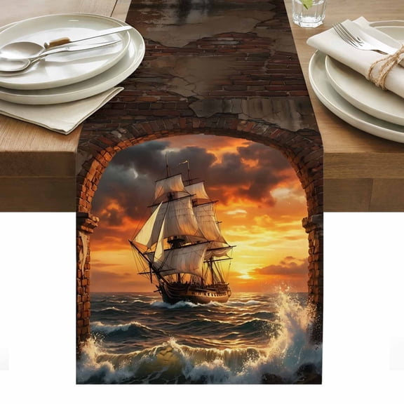 Sunset Galleon Cotton Linen Table Runner Art Terracotta Stone Arch Romantic Amber Gold Sunset Dining Table Runners for Home Decor Party Dining Room Restaurant Kitchen Party 13" x 72"