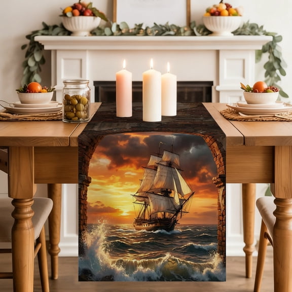 Sunset Galleon Dining Table Runner, Art Terracotta Stone Arch Romantic Amber Gold Sunset Washable Table Runners Kitchen Coffee Table Center Decor for Home Party Holiday Wedding 13 x 36 Inches
