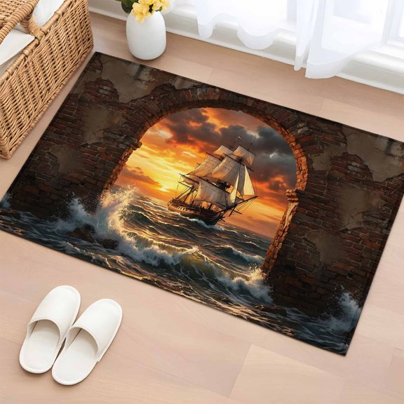 Sunset Galleon Entryway Rug 2'x3' Art Terracotta Stone Arch Romantic Amber Gold Sunset Small Area Rug Non-Slip Front Door Mat Washable Floor Carpet for Indoor Entrance Kitchen Bathroom