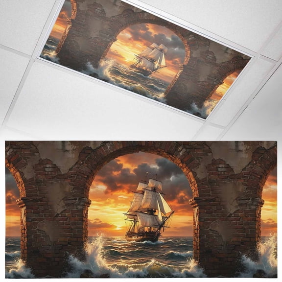 Sunset Galleon Fluorescent Light Covers Art Terracotta Stone Arch Romantic Amber Gold Sunset Magnetic Light Filters Ceiling Lighting Panel Shade for Classroom Office Home 2 x 4 ft, 1 Pack