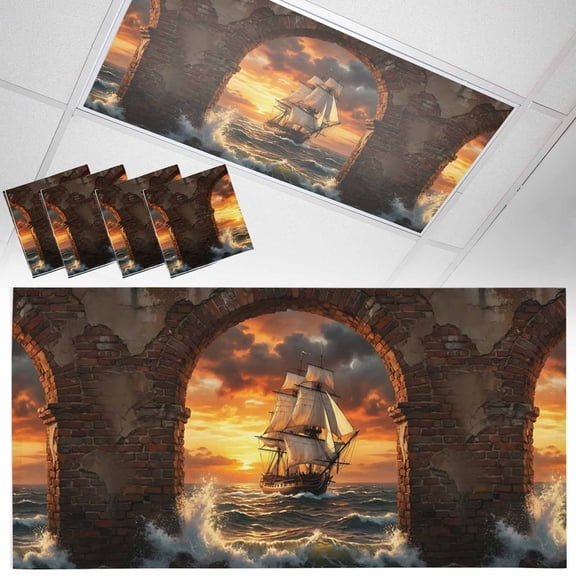 Sunset Galleon Fluorescent Light Covers Art Terracotta Stone Arch Romantic Amber Gold Sunset Magnetic Light Filters Ceiling Lighting Panel Shade for Classroom Office Home 2 x 4 ft, 4 Pack