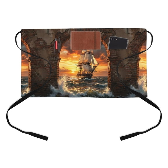Sunset Galleon Half Waist Apron Art Terracotta Stone Arch Romantic Amber Gold Sunset Short Waiter Aprons with 3 Pockets for Women Men Kitchen Restaurant Cooking