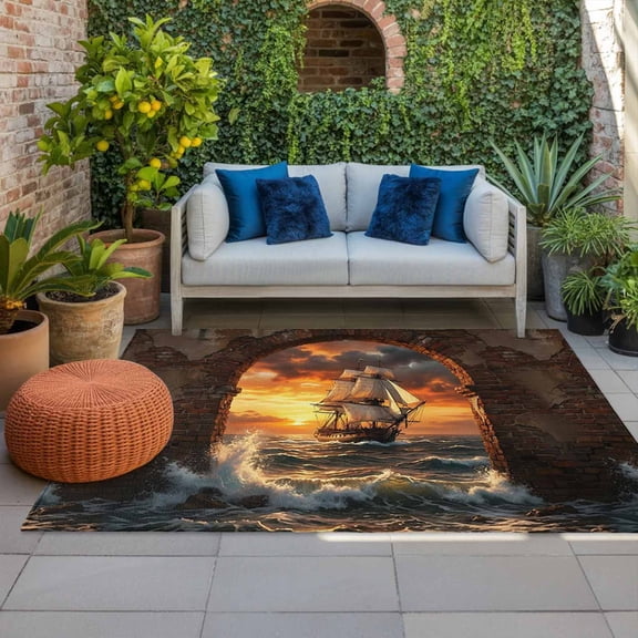 Sunset Galleon Indoor Outdoor Rugs 5x8 Ft, Art Terracotta Stone Arch Romantic Amber Gold Sunset Outdoor Patio Rugs Mat Washable Outside Area Rugs Carpet for Porch Deck RV Camping Balcony Backyard