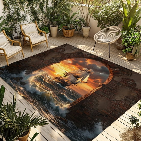 Sunset Galleon Outdoor Rug 5x8 ft Art Terracotta Stone Arch Romantic Amber Gold Sunset Non Slip Patio Rug Washable Absorbent Large Outdoor Carpet Outside Mat for Porch RV Garden Camping