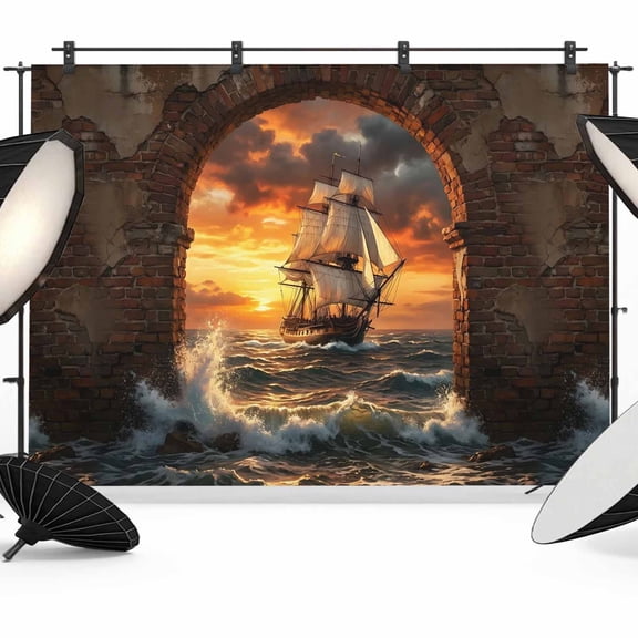 Sunset Galleon Photography Backdrop 7x5FT, Art Terracotta Stone Arch Romantic Amber Gold Sunset Photo Backdrops, Background for Photography Studio Photo Studio Background, Back Drop for Photoshoot