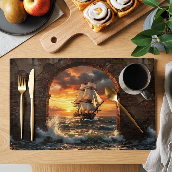 Sunset Galleon Placemats Set of 8, Art Terracotta Stone Arch Romantic Amber Gold Sunset Non-Slip Place Mats Washable Table Mats for Kitchen Dining Table Decorations Indoor/Outdoor