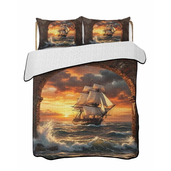 Sunset Galleon Quilts Bedding Set Twin Size Art Terracotta Stone Arch Romantic Amber Gold Sunset Lightweight Quilted Bedspread 3 Piece Bed Quilt with 2 Pillow Shams All Season for Bedroom 68" x 86"