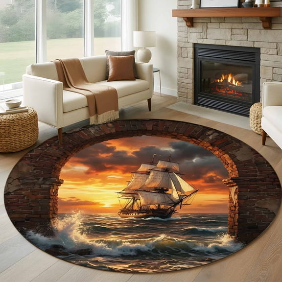 Sunset Galleon Round Rug 6Ft Art Terracotta Stone Arch Romantic Amber Gold Sunset Circle Area Rugs Washable Non Slip Indoor Floor Mats Carpet for Living Room Bedroom Dining Room Home Decor