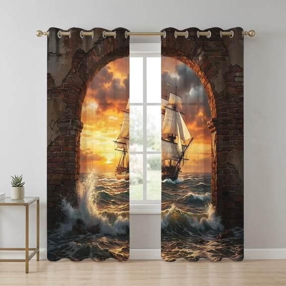 Sunset Galleon Sheer Curtains 72 Inch Long 2 Panels, Art Terracotta Stone Arch Romantic Amber Gold Sunset Light Filtering Semi Sheer Drapes Grommet Voile Window Curtain for Living Bedroom W52 x L72