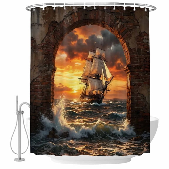 Sunset Galleon Shower Curtain for Bathroom, Art Terracotta Stone Arch Romantic Amber Gold Sunset Waterproof Cloth Fabric Bathroom Accessories Set with 10 Rust Proof Plastic Hooks, 48"x72"