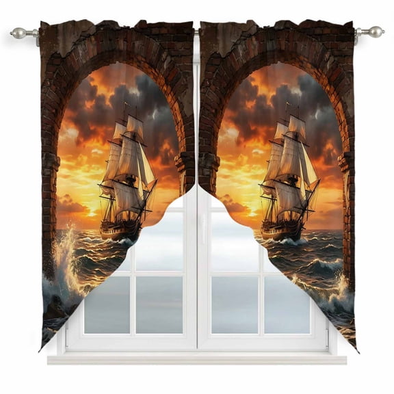 Sunset Galleon Swag Curtain Valance for Window 2 Panels Art Terracotta Stone Arch Romantic Amber Gold Sunset Rod Pocket Small Window Swag Valances for Kitchen Bedroom Bathroom 36" W x 36" L