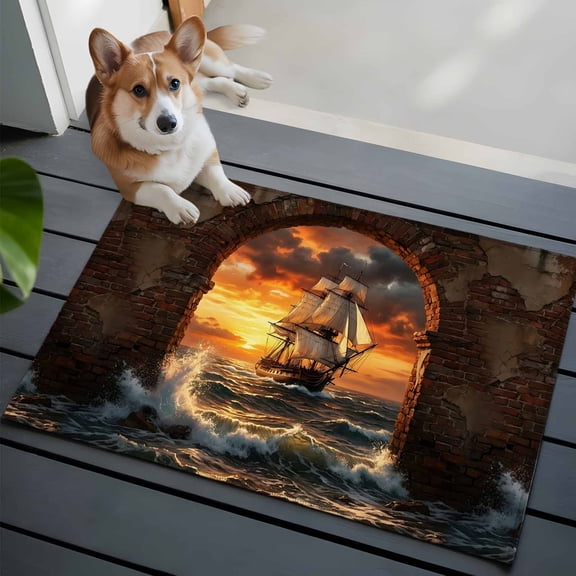 Sunset Galleon Washable Entry Rug 2x3 Art Terracotta Stone Arch Romantic Amber Gold Sunset Low Pile Indoor Door Mat with Rubber Backing Thin Area Rug for for Entrance, Bedroom, Kitchen, Bathroom