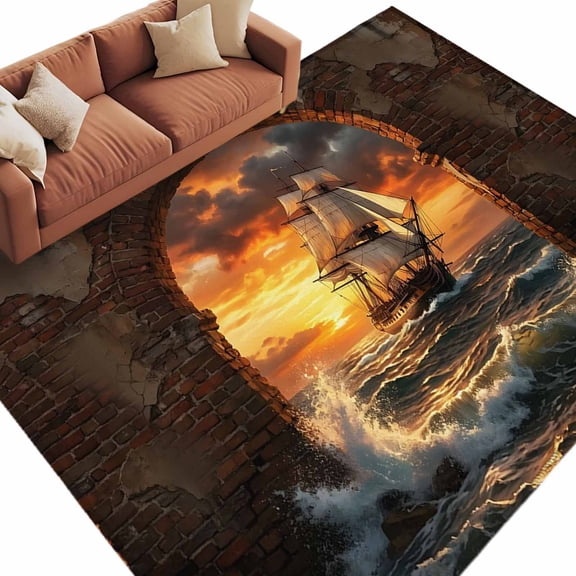 Sunset Galleon Washable Living Room Rugs 9'x12', Art Terracotta Stone Arch Romantic Amber Gold Sunset Low Pile Throw Large Area Rug Non-Slip Sturdy Edge Binding Carpet for Bedroom Dining Room Office