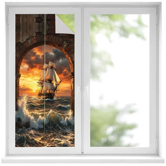 Sunset Galleon Window Privacy Film, Art Terracotta Stone Arch Romantic Amber Gold Sunset Frosted Glass Window Clings Static Cling UV Heat Blocking Reusable Door Sticker for Bathroom 19.6 x 39.3 Inch