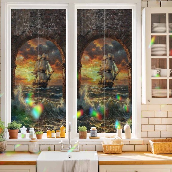 Sunset Galleon Window Privacy Film Art Terracotta Stone Arch Romantic Amber Gold Sunset Static Cling Stained Glass Window Film Non-Adhesive Decorative Decals Rainbow Sticker 17.7"X39.3"