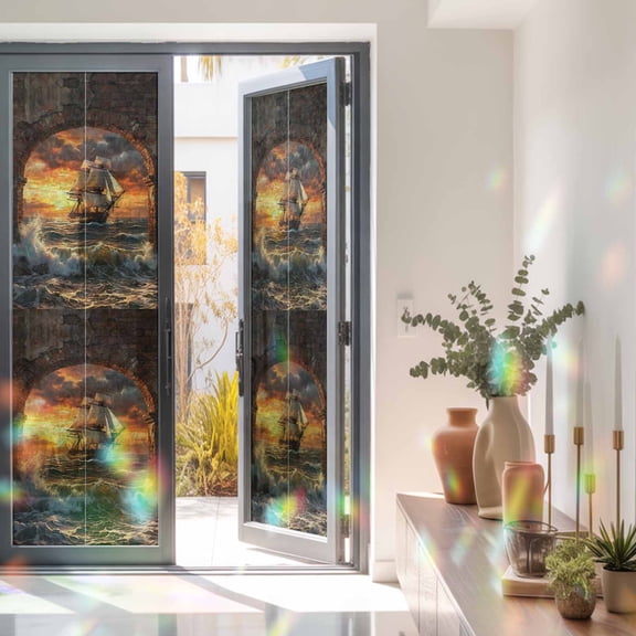 Sunset Galleon Window Privacy Film Art Terracotta Stone Arch Romantic Amber Gold Sunset Static Cling Stained Glass Window Film Non-Adhesive Decorative Decals Rainbow Sticker 29.5"X118"