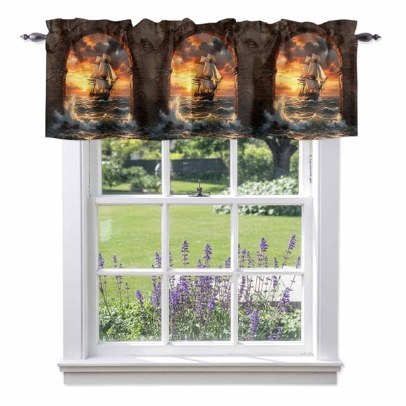 Sunset Galleon Window Valance for Kitchen, Art Terracotta Stone Arch Romantic Amber Gold Sunset Rod Pocket Short Curtains for Bathroom Bedroom Window, Light Filtering Decorative Valances, 42x12 Inch