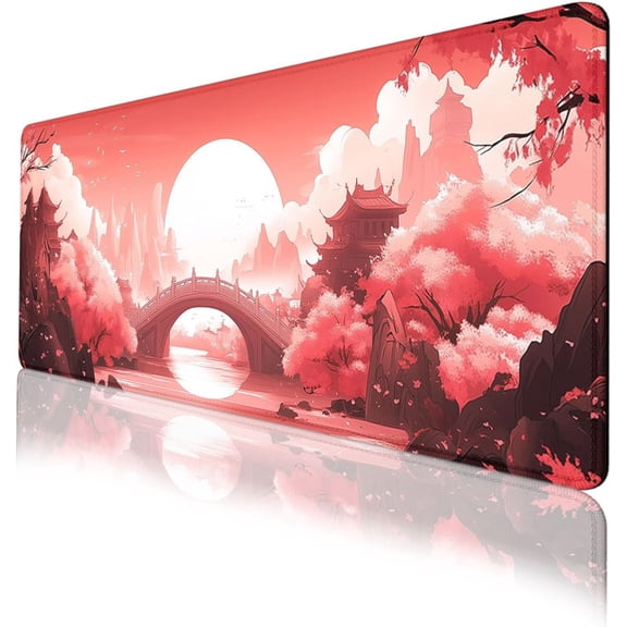 Sunset Gaming Mouse Pad Japanese Pink Red Bridge Red Maple Art Large Desk Mat with Stitched Edges,Non-Slip Waterproof Rubber Base Mouse Mat 31.5 x 11.8 Mouse Pads for Desk Home Office Gaming