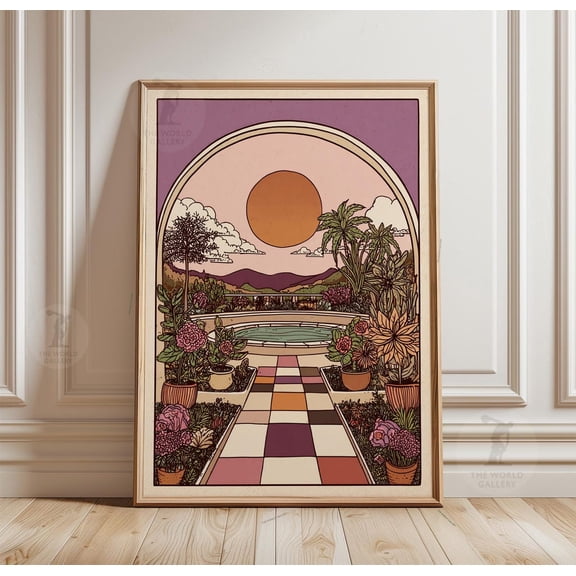 Sunset Garden Terrace Geometric Pathway Landscape Botanical Scene, Unframed Poster