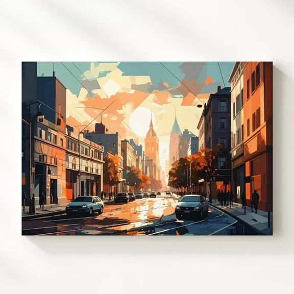 Sunset Geometry Poster Minimalist Urban Street Scene In Vector Style Wall Art