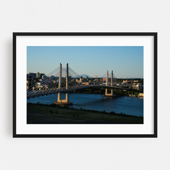 Sunset Ghosts Rowing Beneath the Tillikum Crossing - Portland Oregon Photography Bridge Cityscape Water Skyline Architecture Scenic Travel Poster Black Framed Wall Art Print 5 x 7 inches