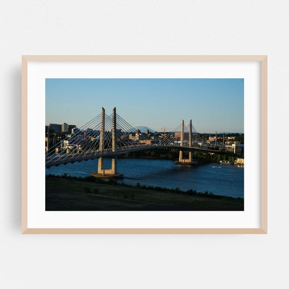 Sunset Ghosts Rowing Beneath the Tillikum Crossing - Portland Oregon Photography Bridge Cityscape Water Skyline Architecture Scenic Travel Poster Oak Framed Wall Art Print 5 x 7 inches