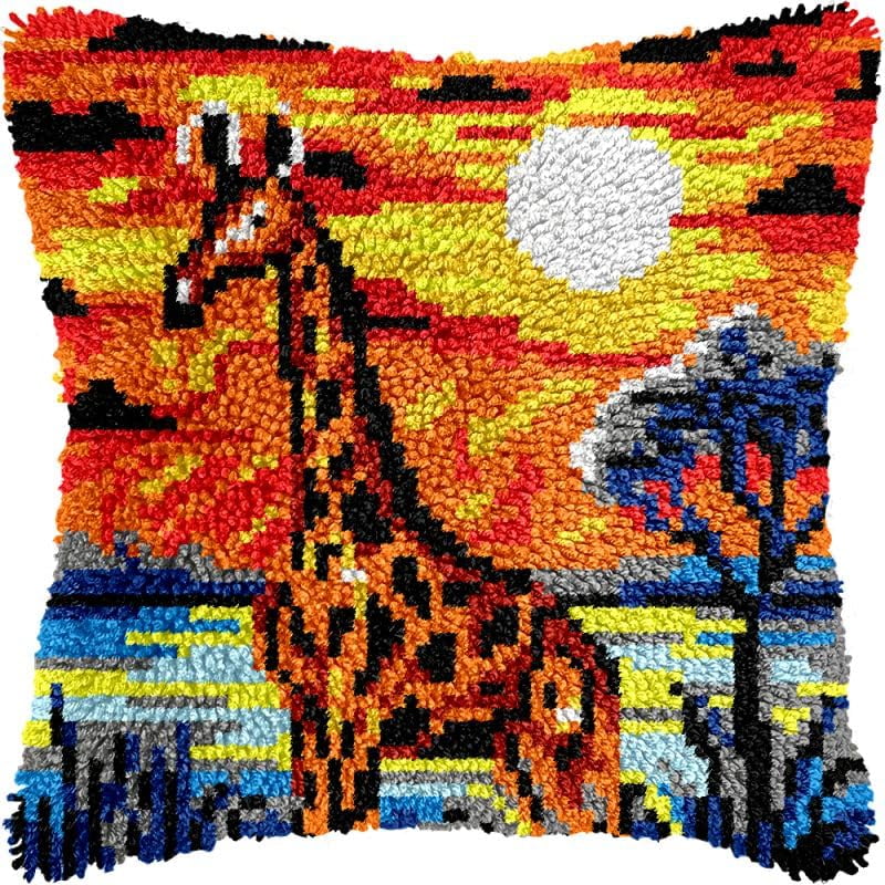 Sunset Giraffe Landscape Latch Hook Pillow Kits Cushion Pillowcase with Pattern Printed Canvas Sofa Hooking Pillows Crafts Embroidery Latch Hooking Crochet Kits 17x17 inch(74)