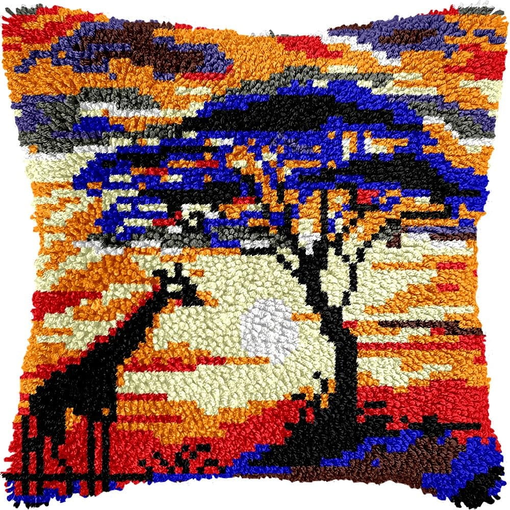 Giraffe under Sunset Latch Hook Pillow Kits for DIY Handmade Throw Pillow Cushion Embroidery Latch Hooking Pillowcase Kits with Preprinted Canvas Crochet Yarn Kits 17''X 17''(g271)